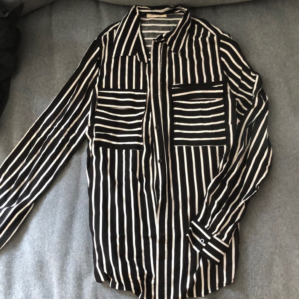 Black and white striped button up blouse